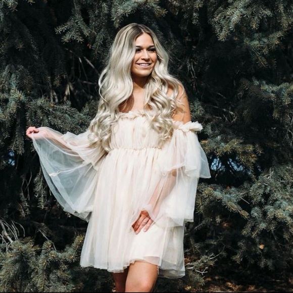 Ruffle dress mesh off shoulder fairy layer cream - Picture 7 of 14